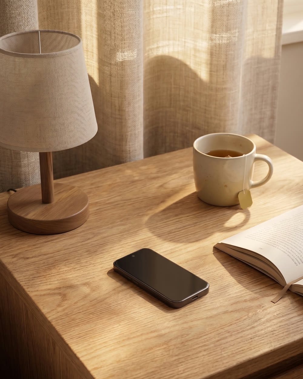 The concept phone lying still on a bedside table beside a cup of tea and an open book