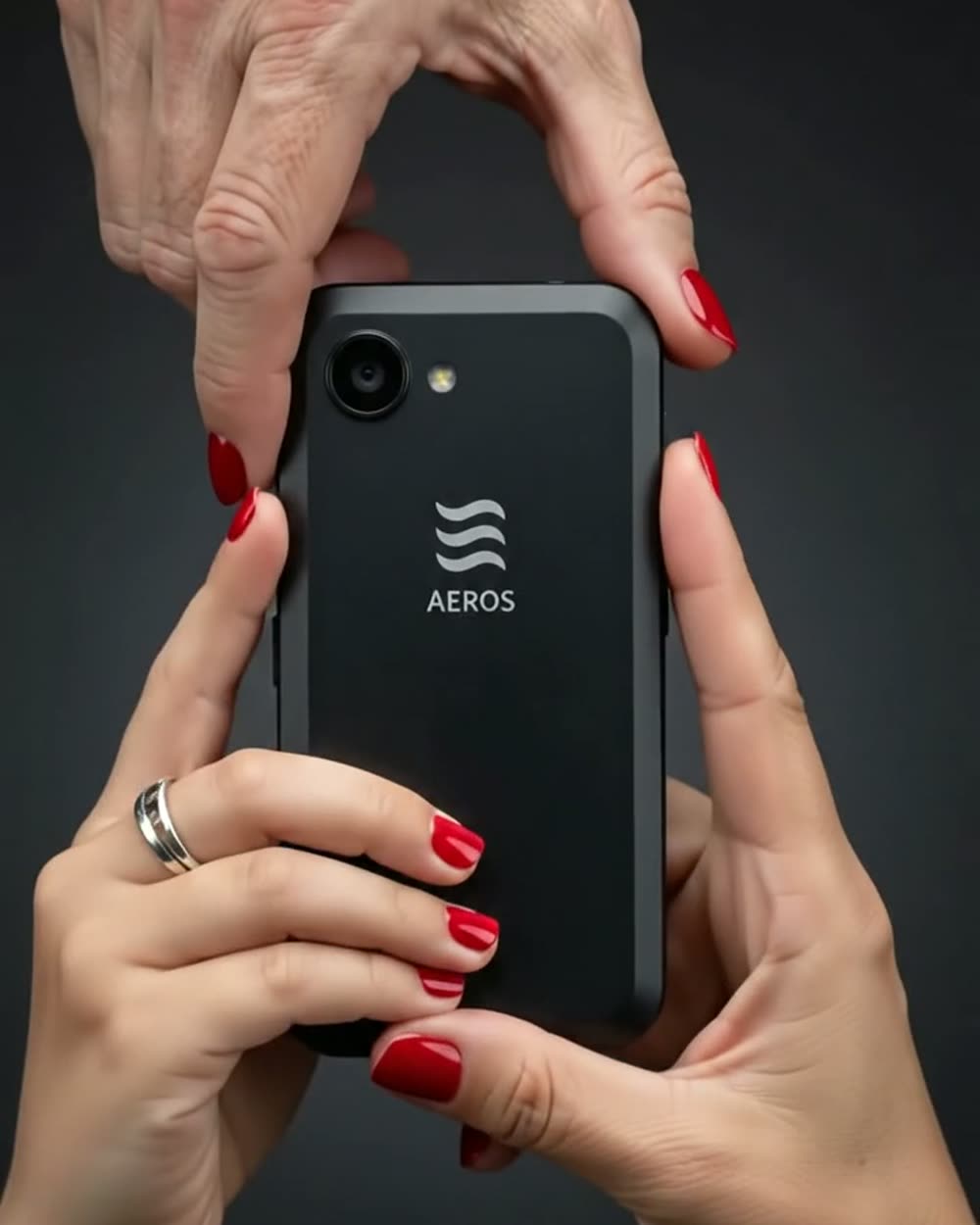 The concept phone held close, passed between two pairs of hands against a dark background