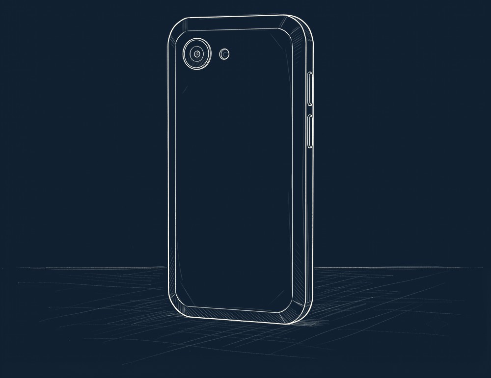 A pencil sketch of the concept phone seen from behind at an angle: rounded corners, one camera and one flash in the top corner, two keys on the edge