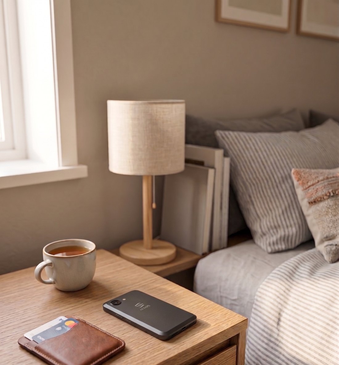 The concept phone face down on a bedside table, next to a card wallet and a cup of tea