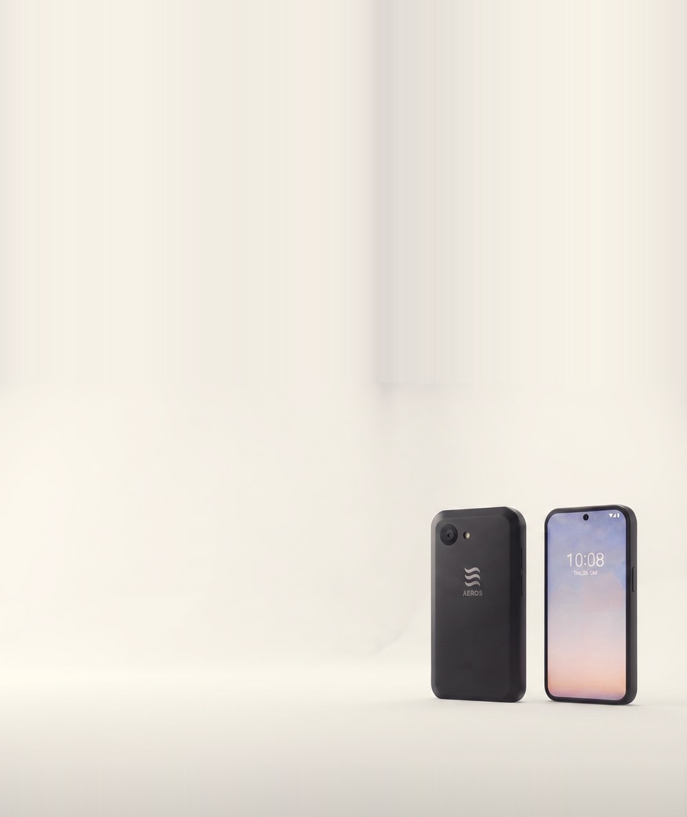 The concept phone, front and back, on a plain white ground