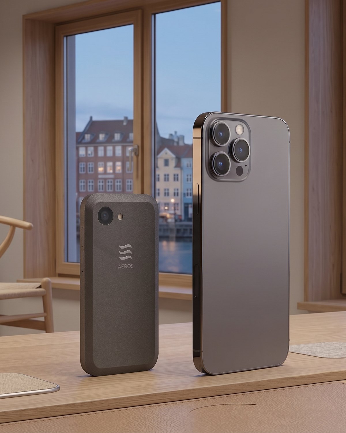 The AEROS concept phone standing beside a normal smartphone by a harbour window